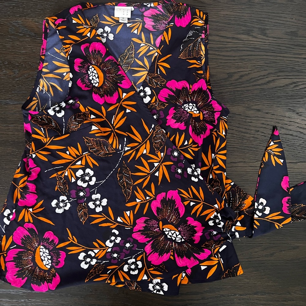 A New Day Floral sleeveless wrap Tank Top - Black, Pink, and Orange